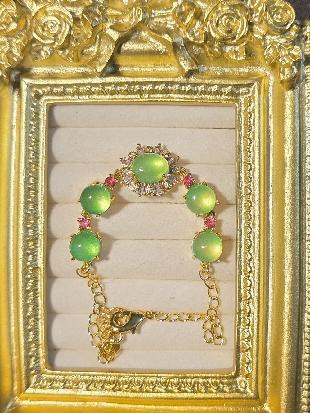 Green Jade Bracelet with Pink Accents